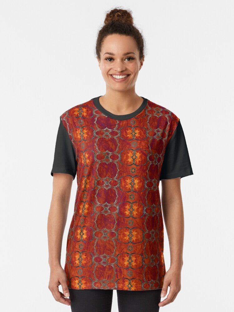 Bold african tribal graphic t-shirt with red and orange stripes and circle patterns - Women