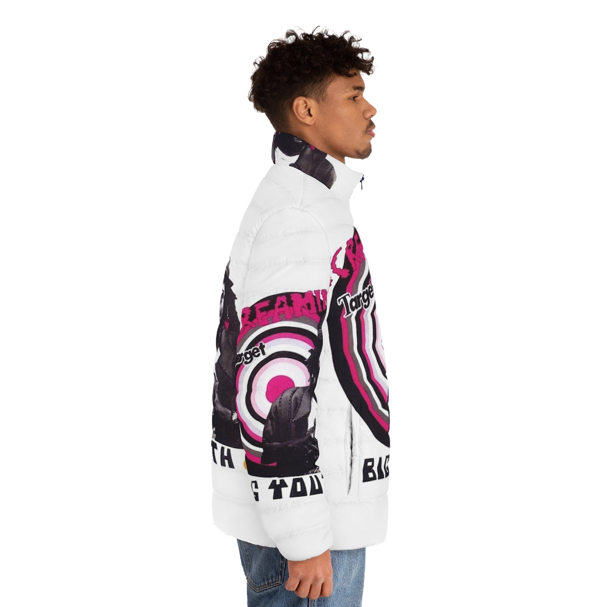 Youth wearing a 70s-style puffer jacket with a reggae-inspired screaming target design - men side right