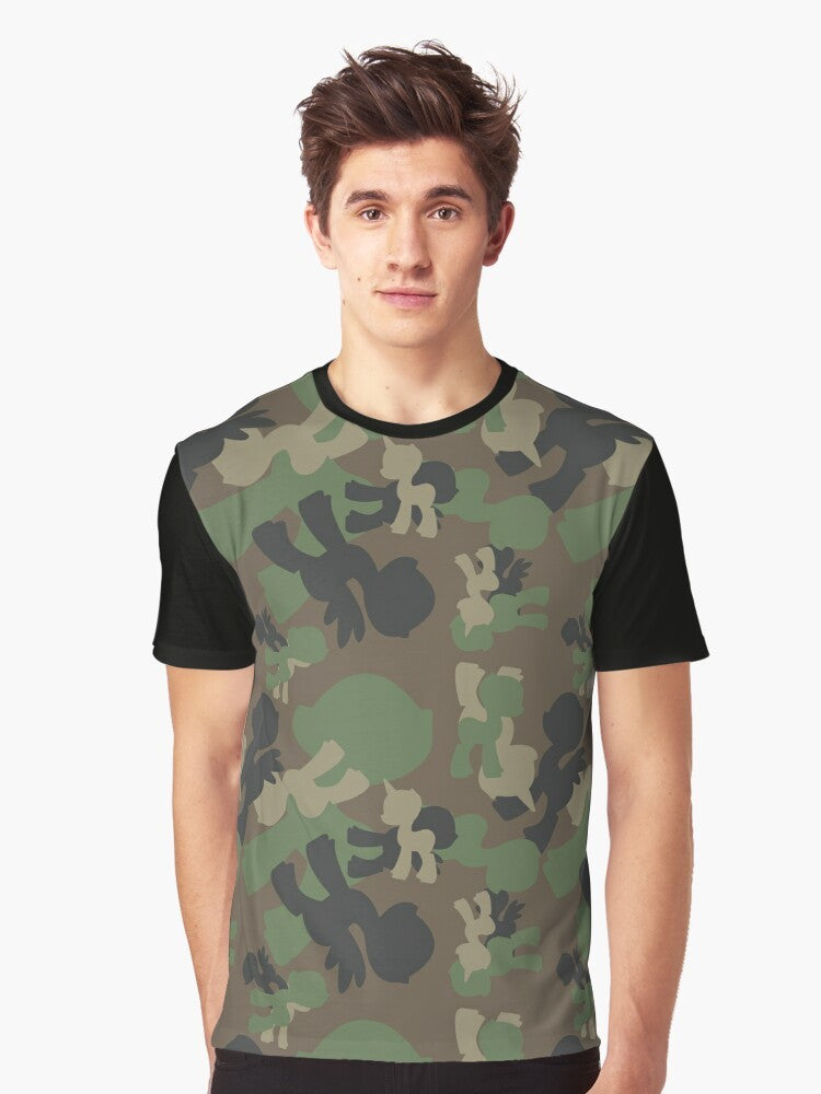 Military-inspired woodland camo graphic featuring a brony design on a t-shirt - Men