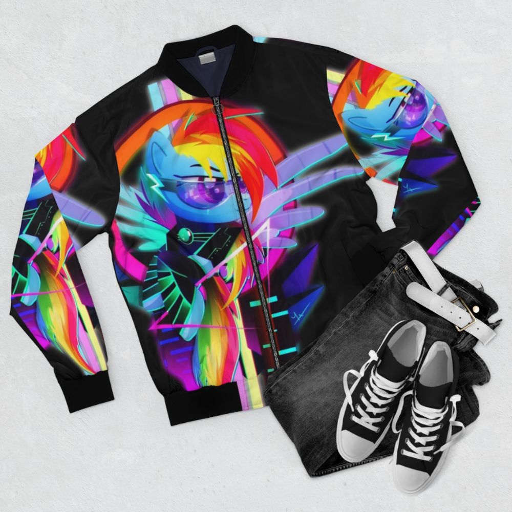 Vibrant synthwave-inspired bomber jacket featuring the character Rainbow Dash from My Little Pony: Friendship is Magic. - Flat lay