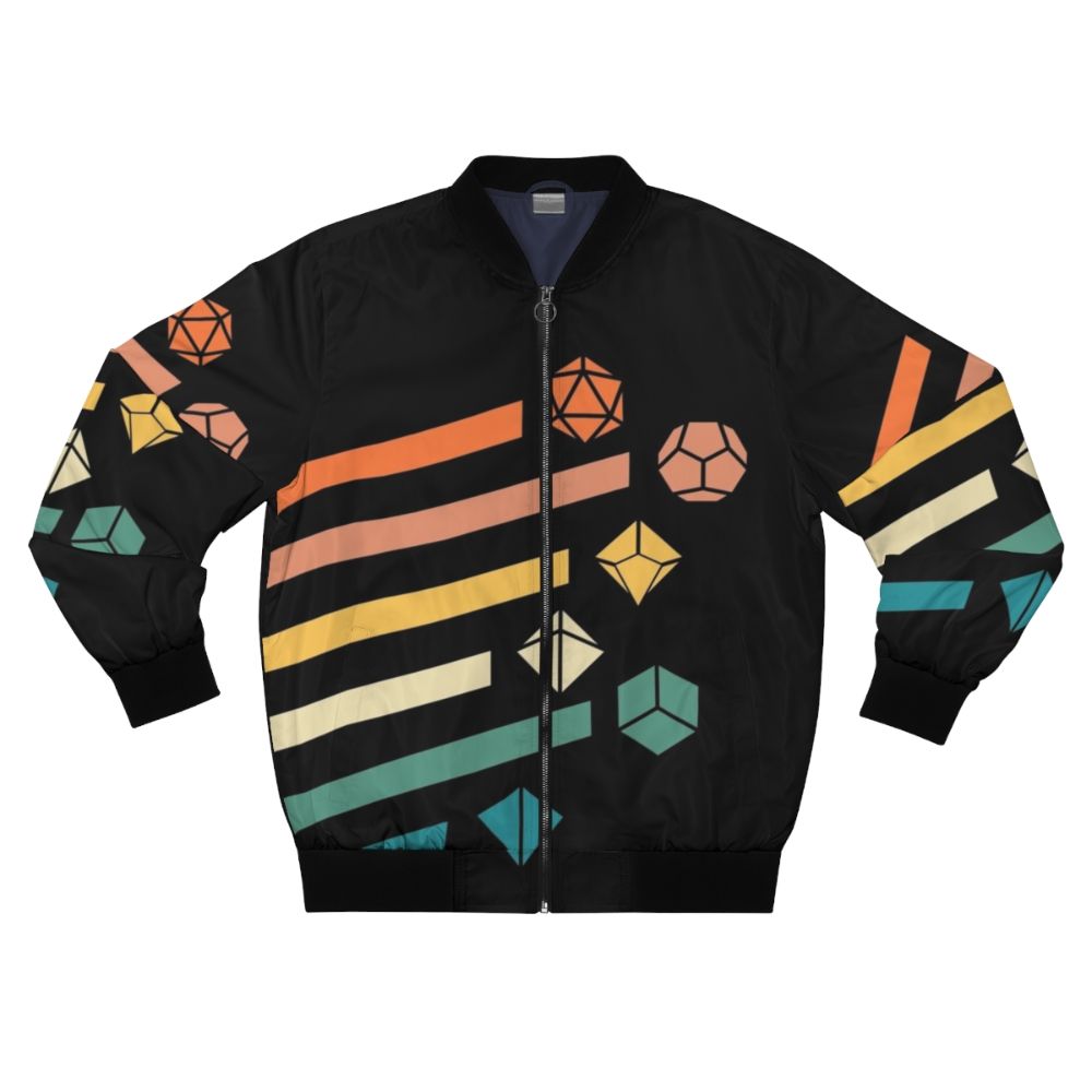 Retro rainbow polyhedral dice bomber jacket for tabletop RPG enthusiasts