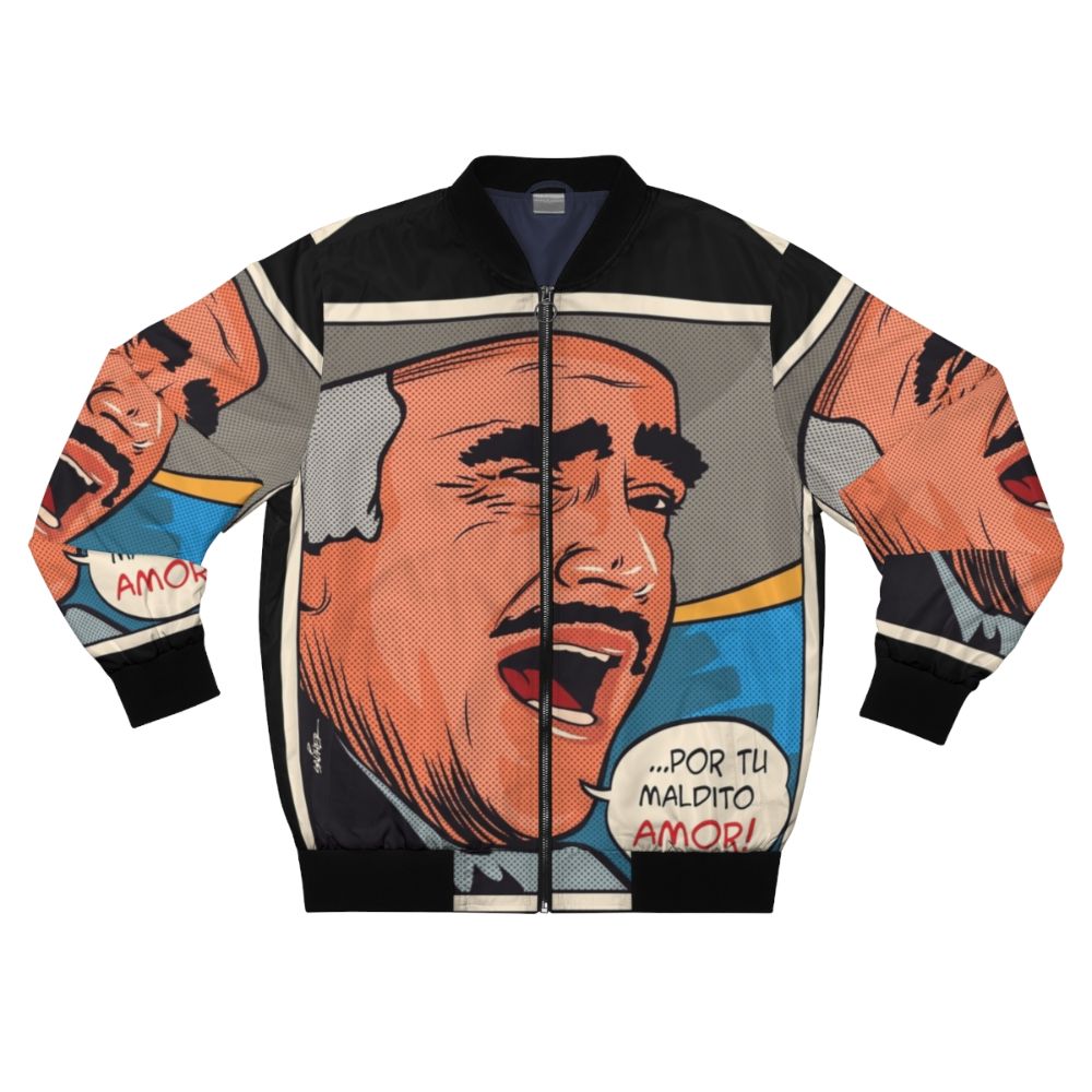 Vicente Fernandez, the iconic Mexican singer, wearing a bomber jacket with charro and mariachi design elements.