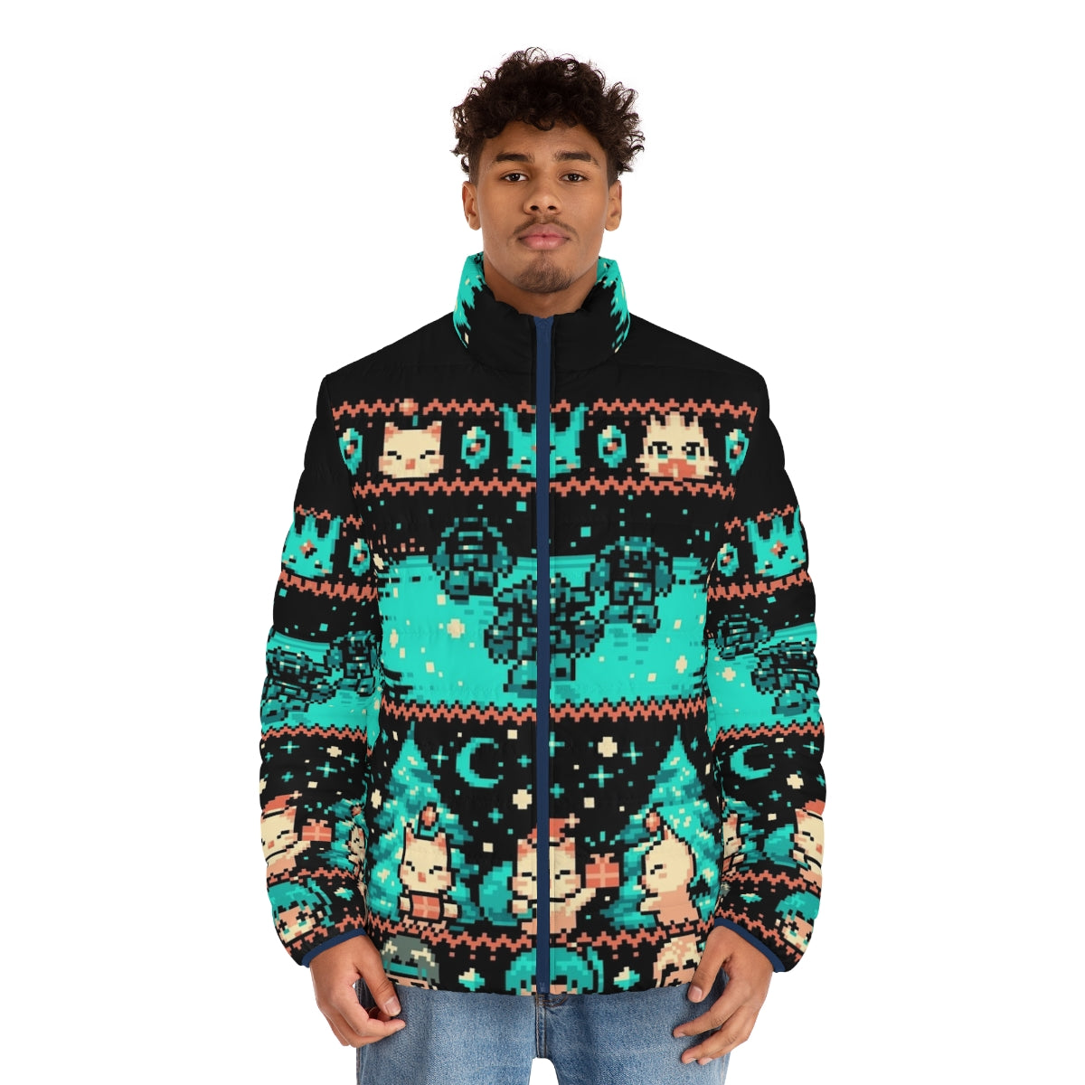 Cozy winter fantasy puffer jacket with retro pixel art design - men front