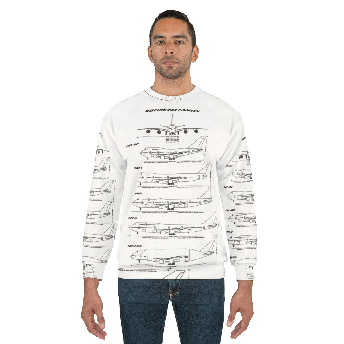 Boeing 747 blueprint design on a white sweatshirt - men