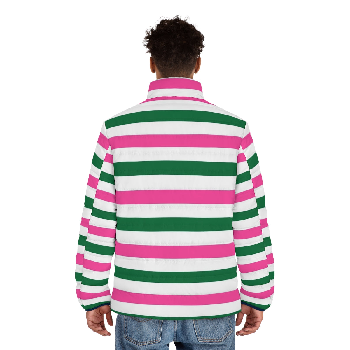 Deckchair-inspired striped puffer jacket in forest green and hot pink - men back