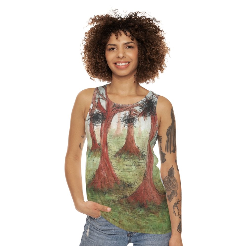 Whimsical abstract watercolor forest landscape unisex tank top - women