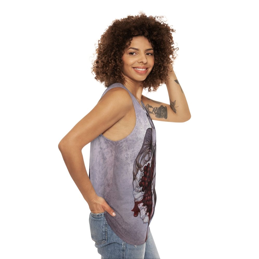 Unisex tank top featuring an anatomical heart design with pomegranate elements based on the Greek mythology of Hades and Persephone - women side