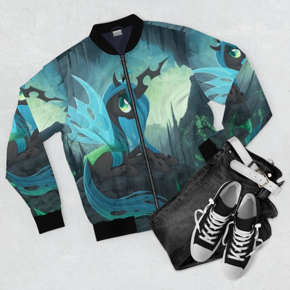 Chrysalis Bomber Jacket with changeling and my little pony design - Flat lay