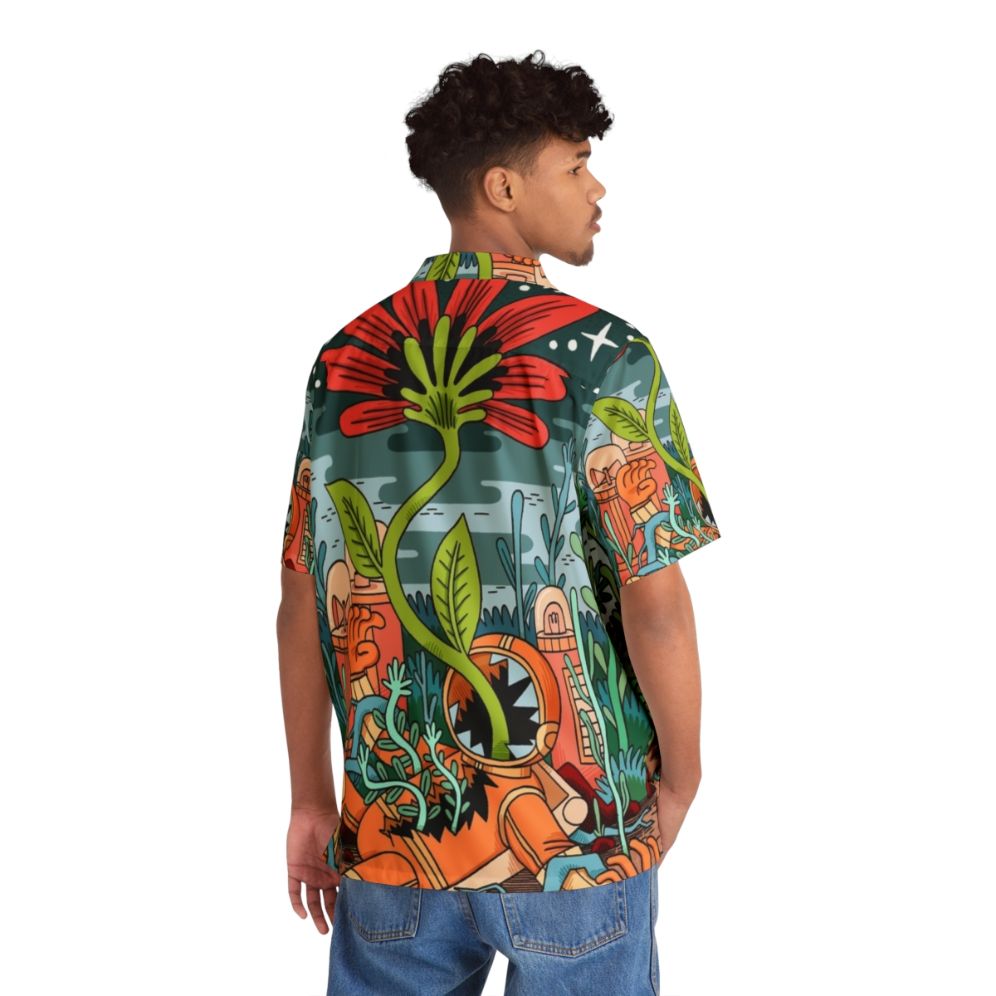 New Growth Hawaiian Shirt featuring a cosmic, space-themed design with botanical elements - People Back