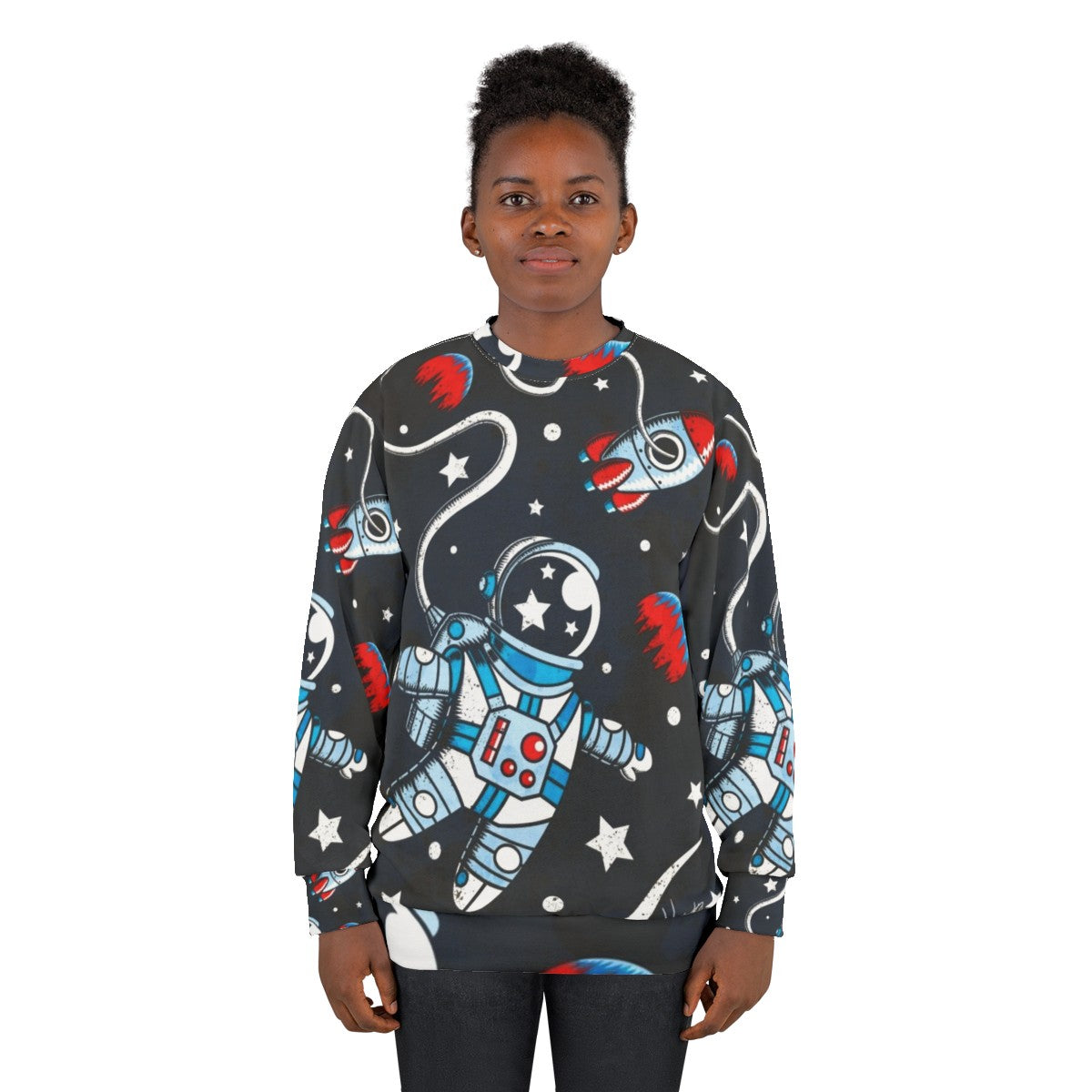 Space Walk Sweatshirt featuring a retro astronaut design - women