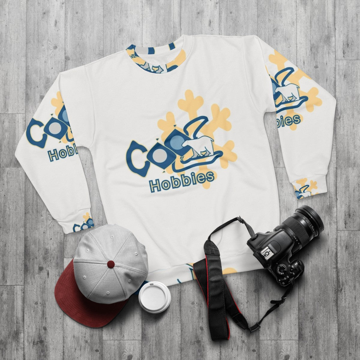 Hobby Enthusiast Sweatshirt with Cool Hobbies Design - flat lay