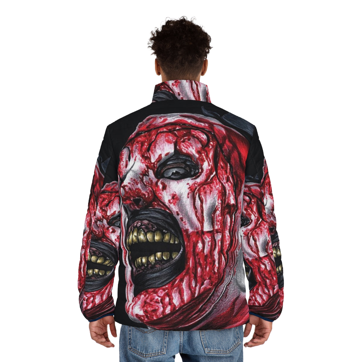 Terrifier 2 Art the Clown Puffer Jacket featuring the iconic slasher character - men back