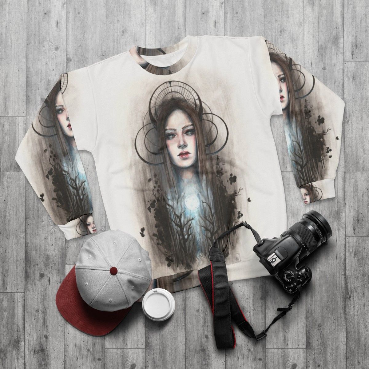 Artemis Acrylic and Ink Painting Sweatshirt featuring Greek Mythology Goddess Huntress - flat lay