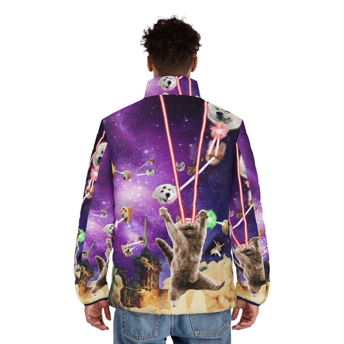 Cats with laser eyes wearing a stylish puffer jacket in a space-themed design - men back