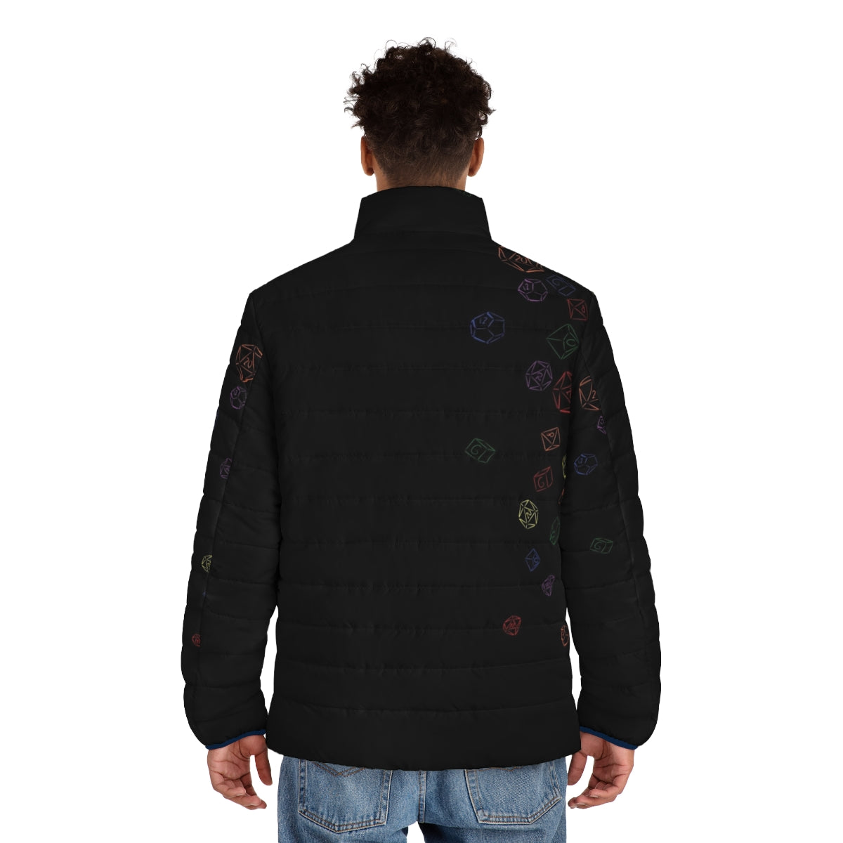 Colorful puffer jacket with cascading dice design, perfect for gaming enthusiasts - men back