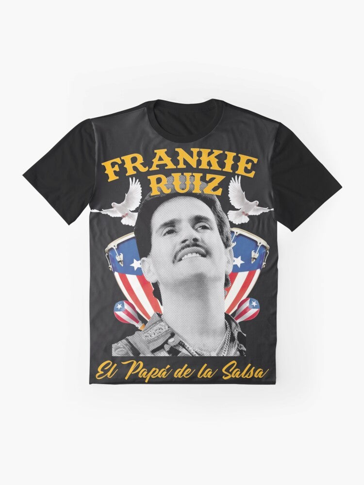 A graphic t-shirt featuring the iconic Puerto Rican salsa artist Frankie Ruiz. - Flat lay