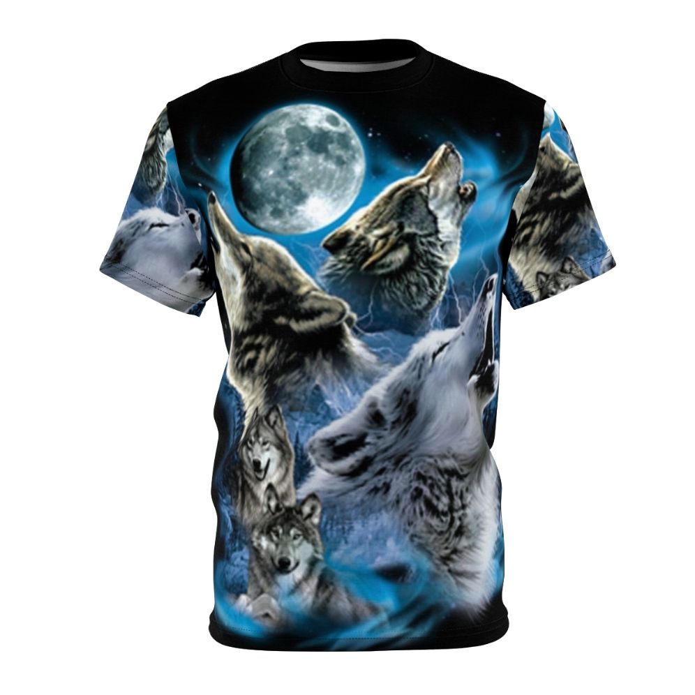 A bold t-shirt design featuring a pack of howling wolves under a full moon, capturing the wild spirit of nature.