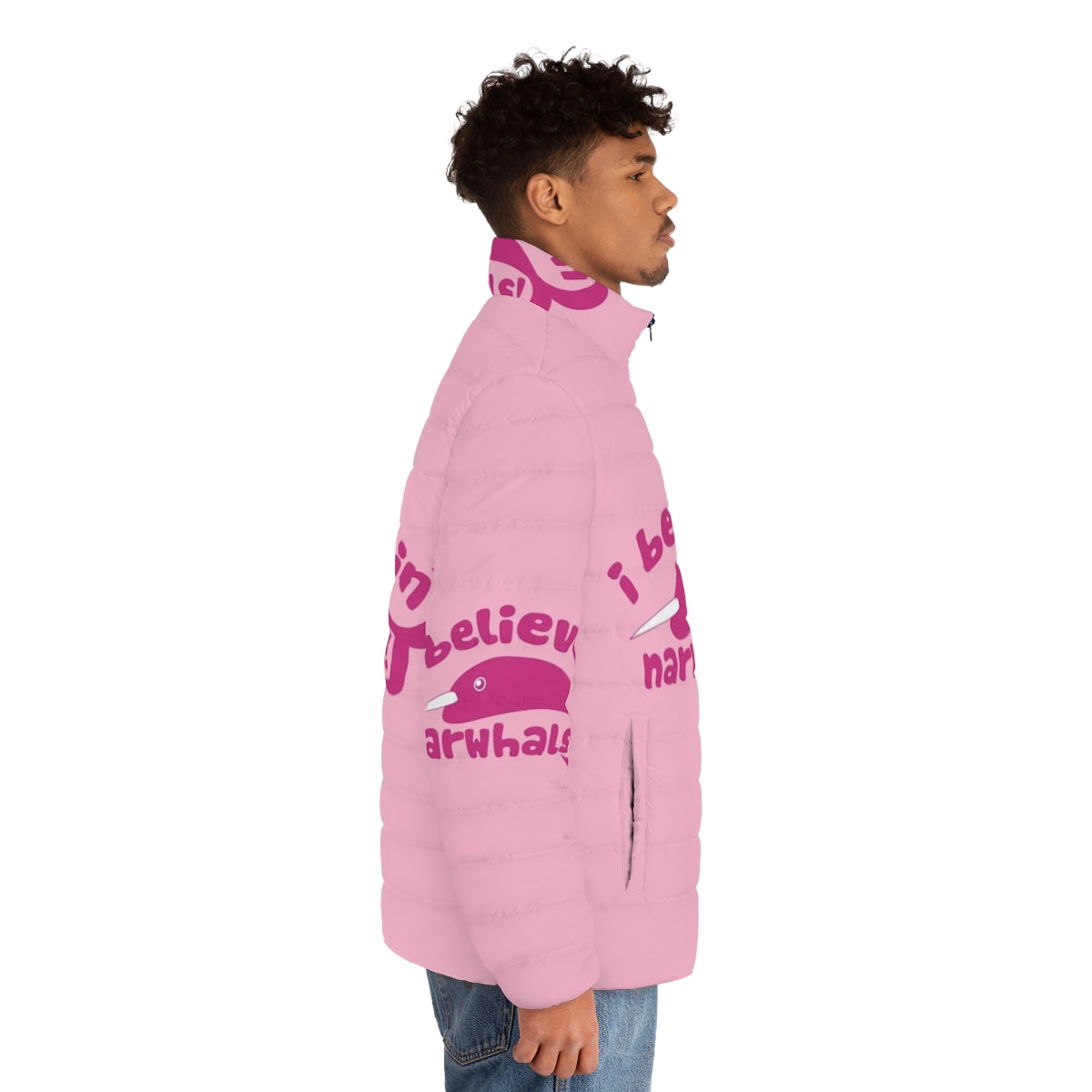 Narwhal puffer jacket with 'I Believe in Narwhals' text - men side right