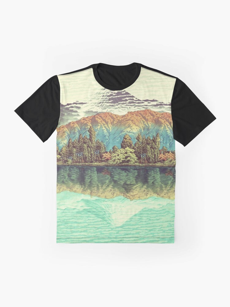 Ukiyo-e inspired nature landscape graphic t-shirt featuring hills, lake, reflection, and Mount Fuji - Flat lay