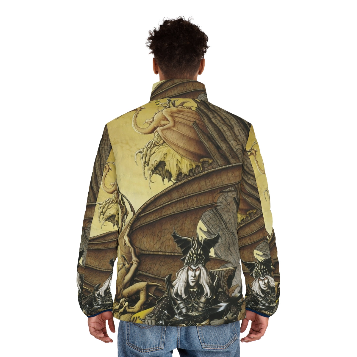 The Dragon Lord Puffer Jacket featuring fantasy art with a dragon, warrior, and sword and sorcery elements - men back