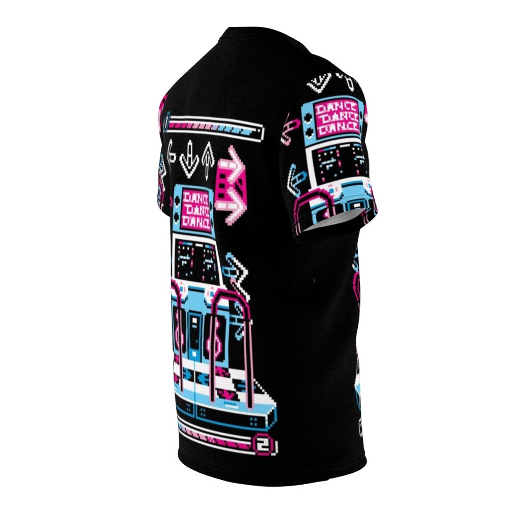 Retro dance arcade-style pixel art graphic on a t-shirt - men right