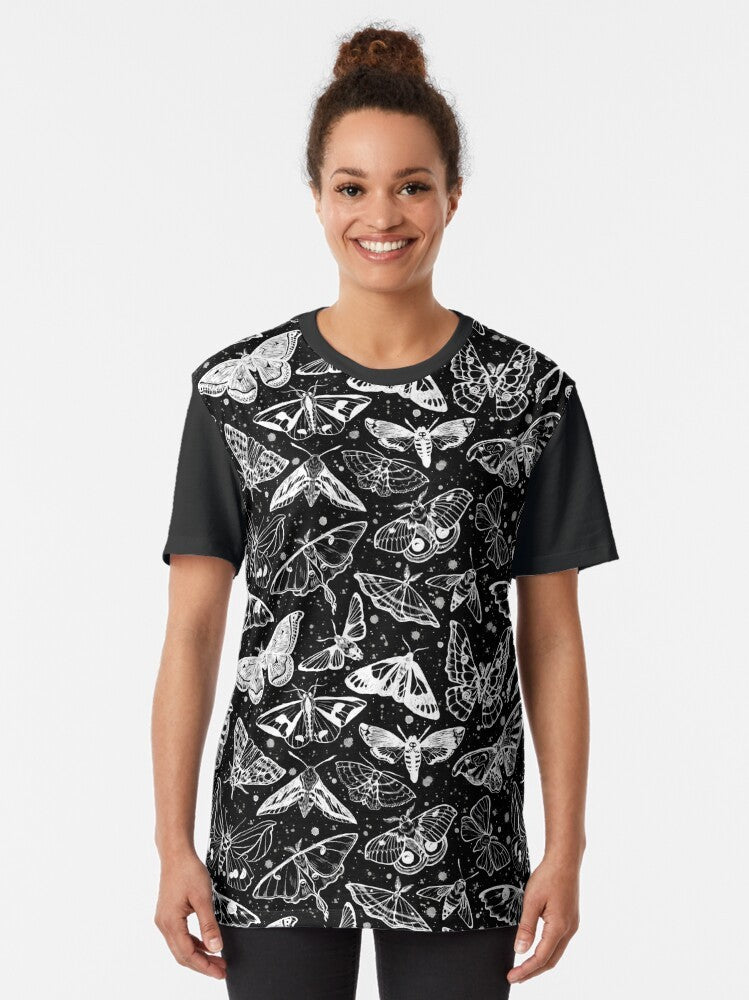 Artistic illustration of a mystical moth on a black graphic t-shirt - Women