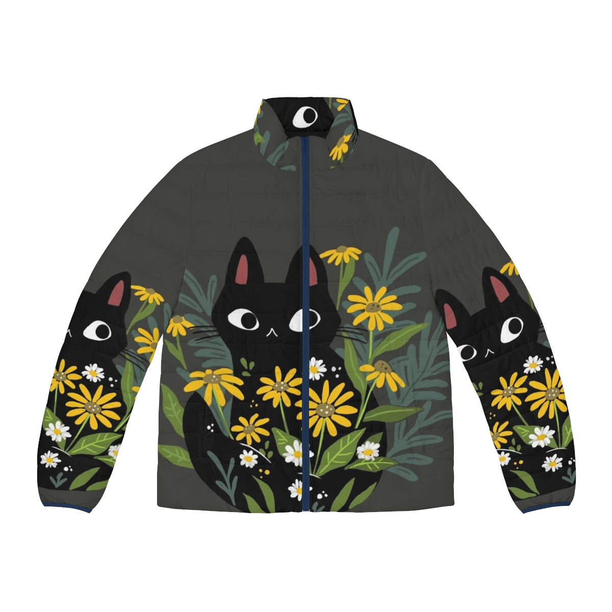 Black cat puffer jacket with colorful flowers