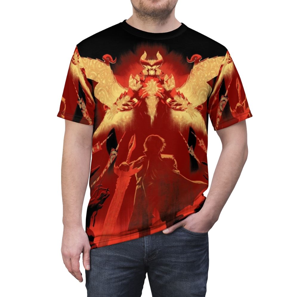 A stylish red t-shirt featuring a devil hunter character with a fire sword - men front