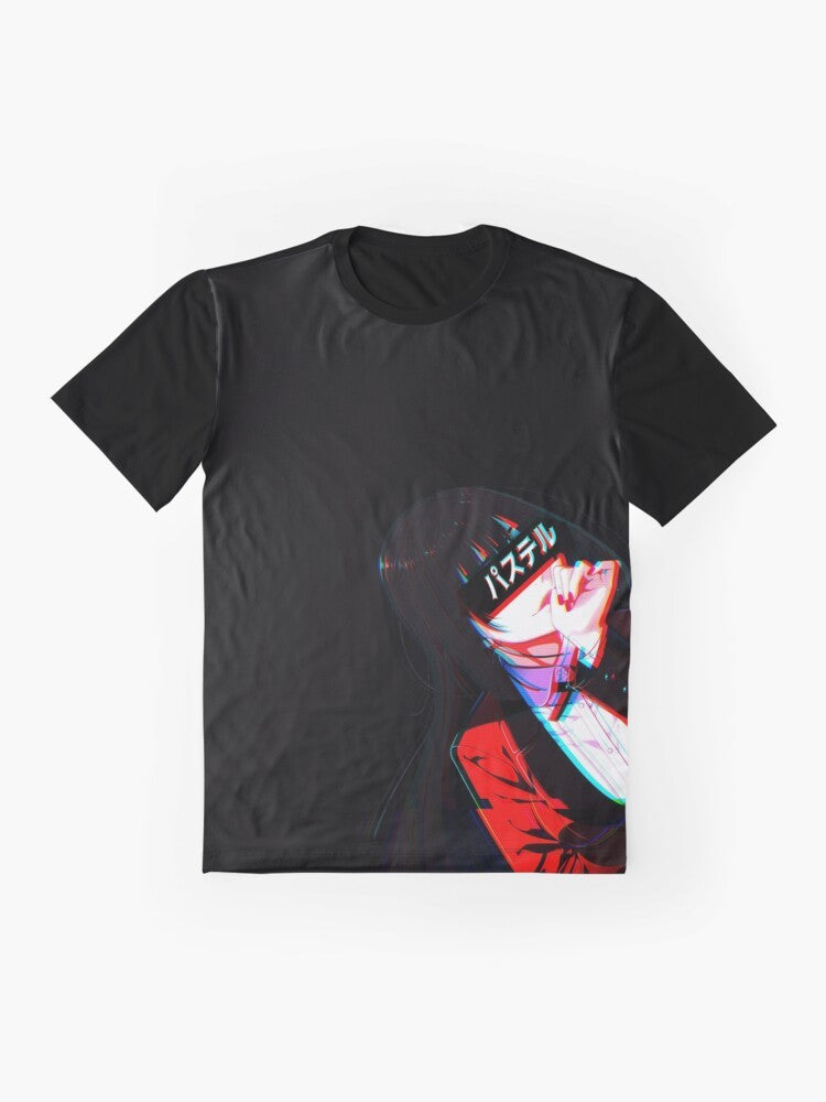 Crimson-colored graphic t-shirt featuring the aesthetic cyberpunk design of the anime series Kakegurui, with the character Yumeko Jabami, a compulsive gambler. - Flat lay