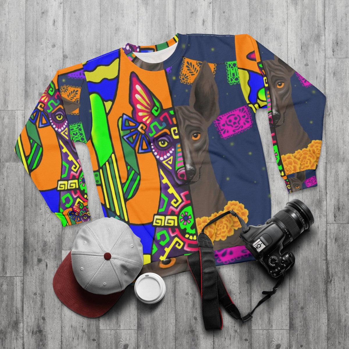 Prehispanic Xolo Sweatshirt featuring the Mexican Hairless Dog - flat lay