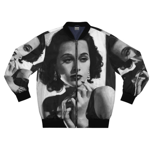 Vintage bomber jacket featuring a portrait of Hedy Lamarr, the iconic Hollywood actress and inventor