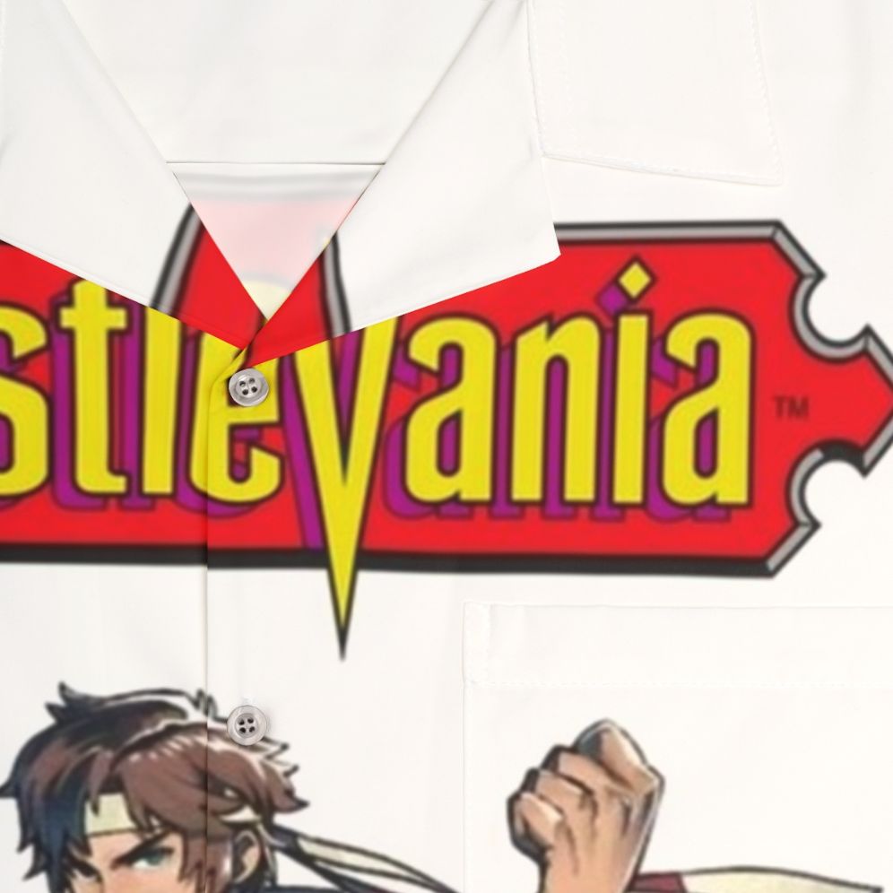 Castlevania Hawaiian Shirt featuring characters Alucard, Trevor Belmont, and Sypha Belnades - Detail