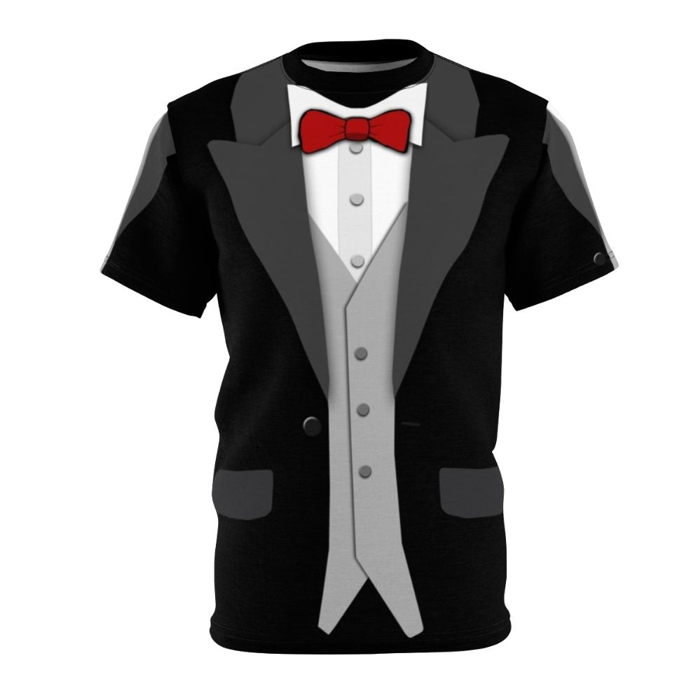 Model wearing a black tuxedo T-shirt with a red bow tie and vest