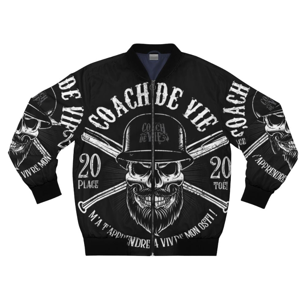 Biker bomber jacket with pop art design and "Teach Me How to Live My Osti!" life coach slogan