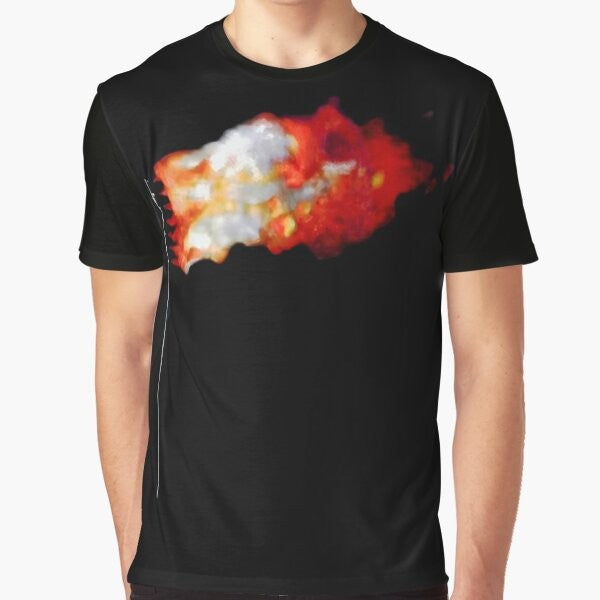 A graphic t-shirt featuring a burning American flag design.