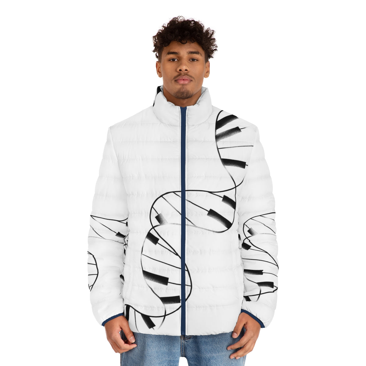 DNA Piano Puffer Jacket with musical notes and genetic pattern - men front