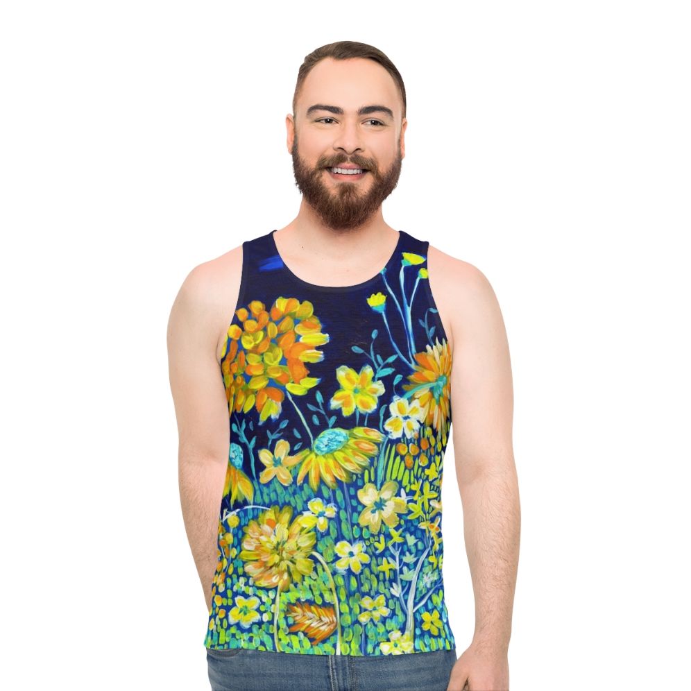 Unisex spring floral tank top in indigo blue and yellow daisies - men