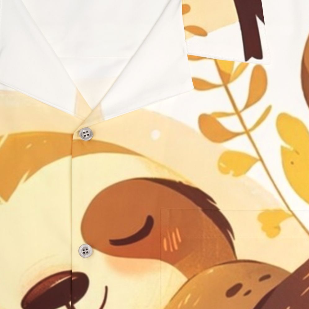 Cute cartoon sloth relaxing on tree branch wearing Hawaiian shirt - Detail