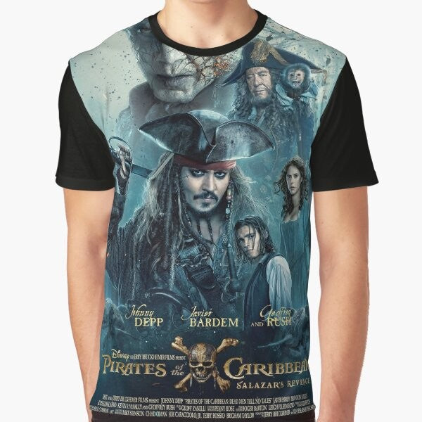 A graphic t-shirt featuring the movie "Pirates of the Caribbean: Dead Men Tell No Tales" with characters like Jack Sparrow, Davy Jones, and Will Turner.