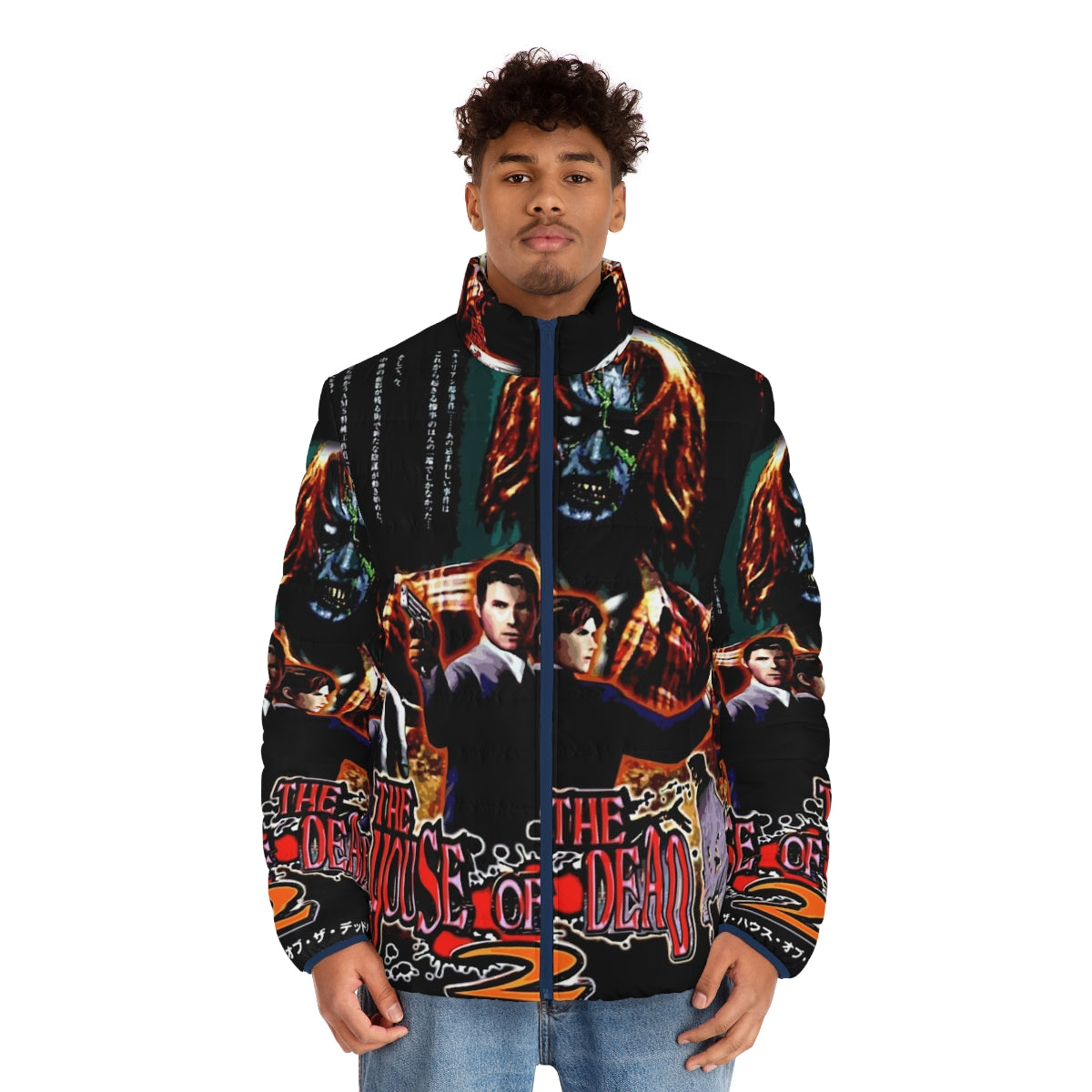 Japanese art-inspired puffer jacket featuring "The House of the Dead 2" Sega Dreamcast video game graphics - men front