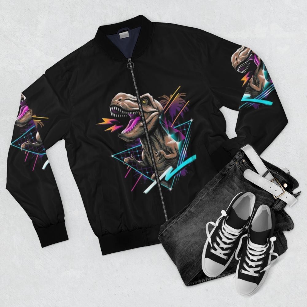 Tyrannosaurus Rex Bomber Jacket with Retro 80s Dinosaur Design - Flat lay