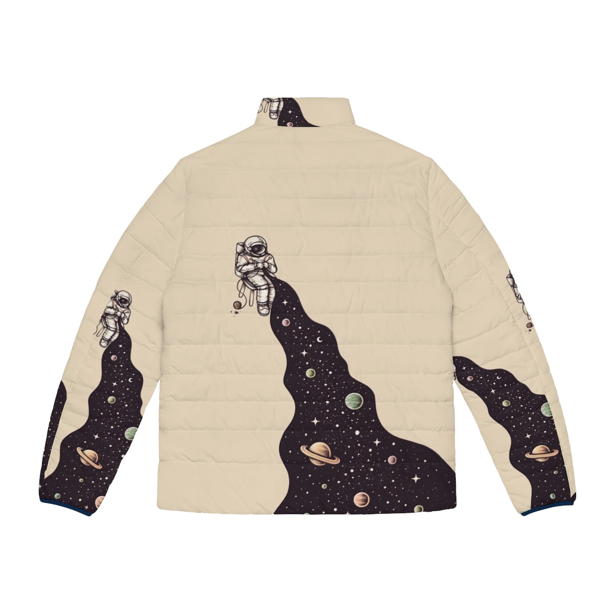 Puffer jacket with cosmic space design featuring astronauts, planets, and stars - Back