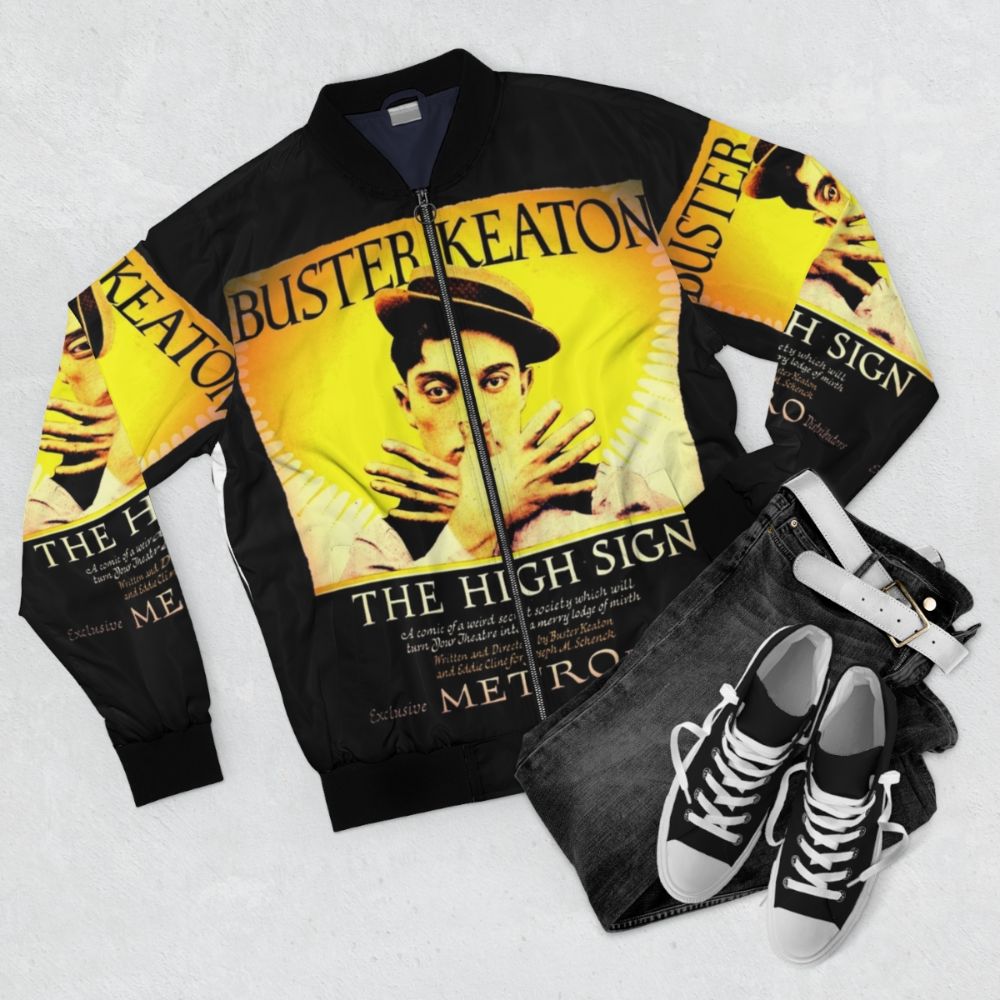 Buster Keaton "The High Sign" vintage bomber jacket, featuring a classic movie design - Flat lay