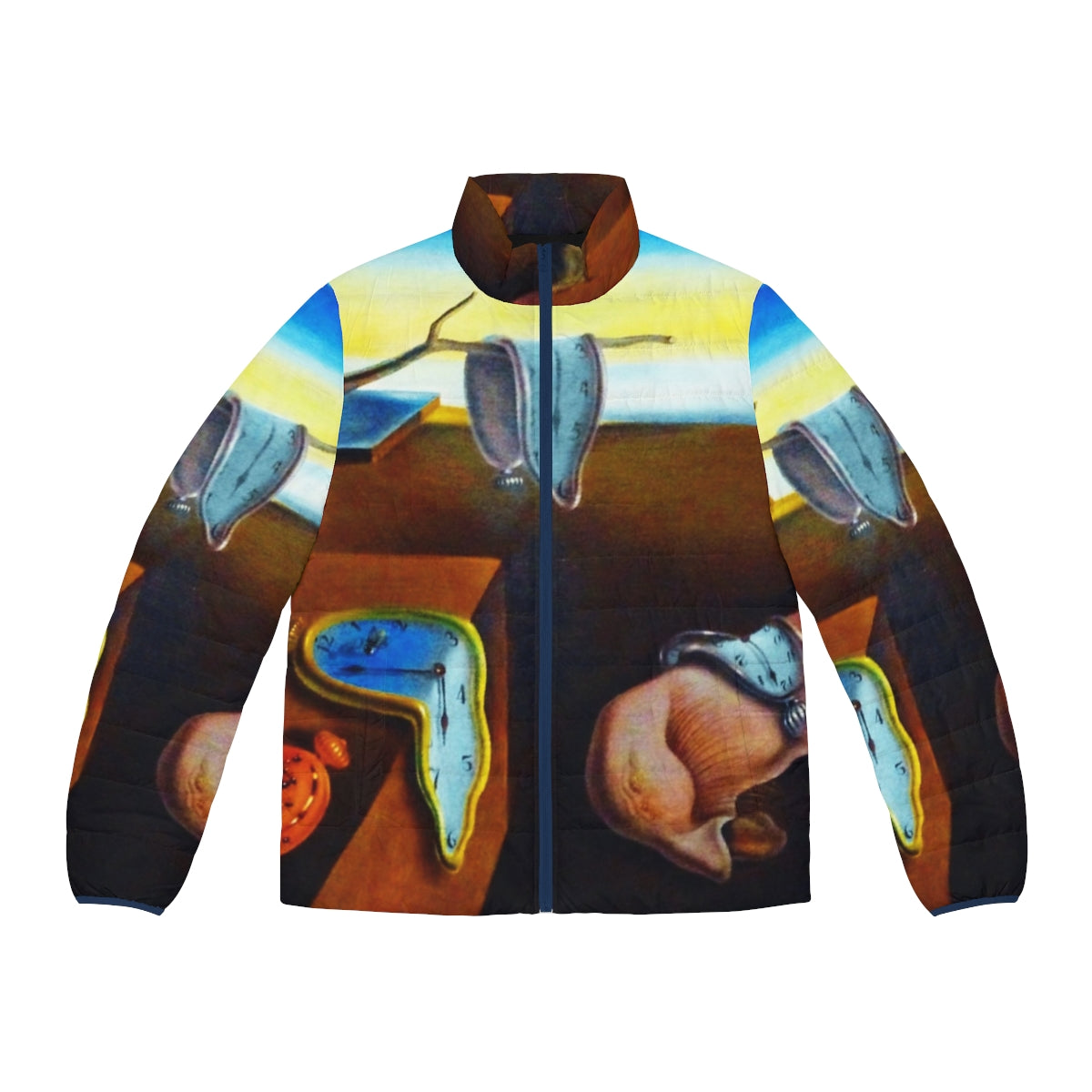 Salvador Dali's iconic 'The Persistence of Memory' painting featured on a cozy puffer jacket