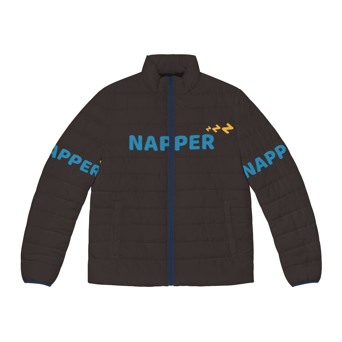 Napping puffer jacket with "Naps Fix Everything" text