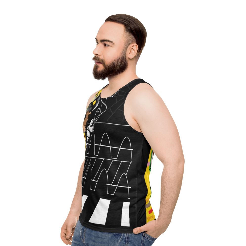 Colorful unisex tank top with pop art "The Trickster" design - men side