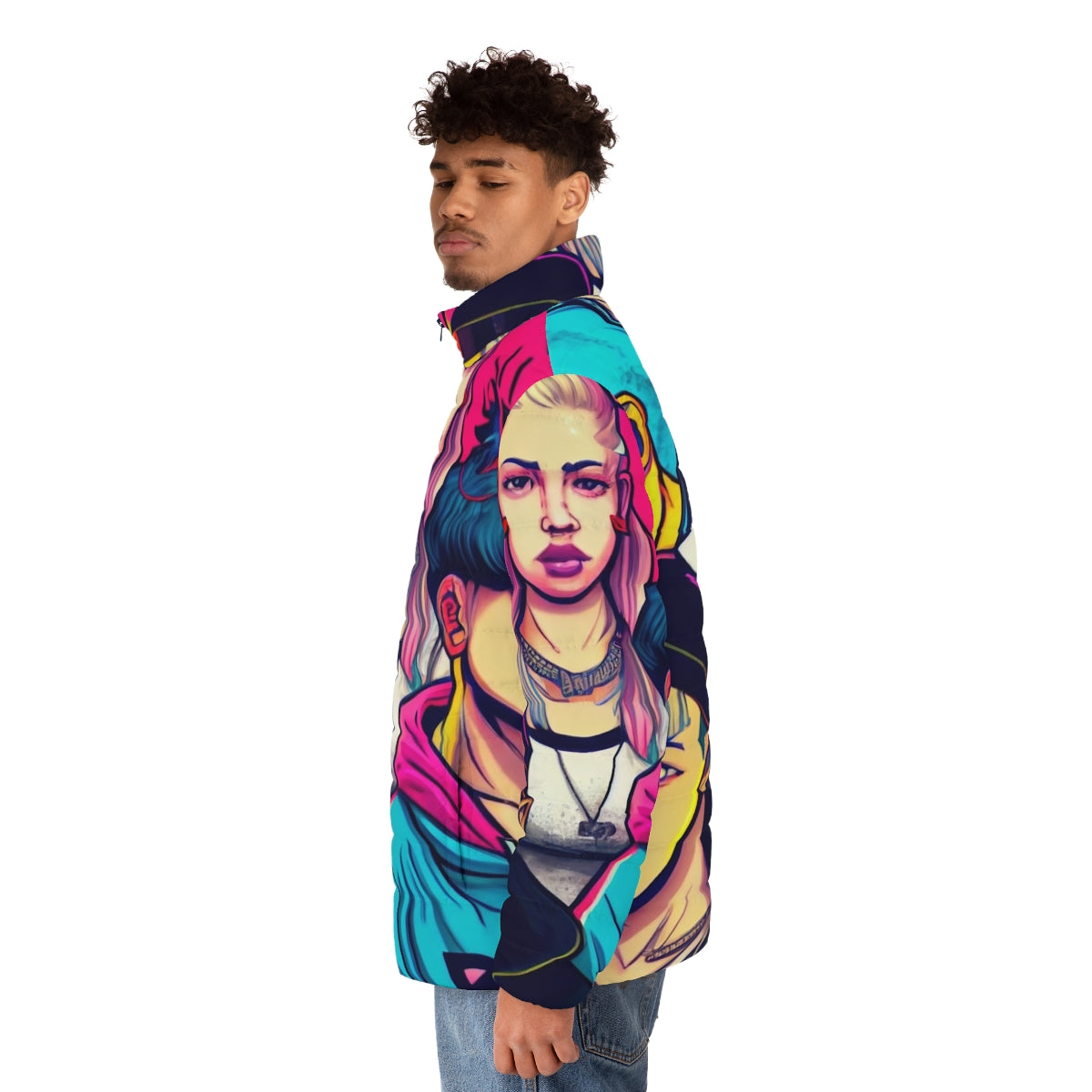 Young Royals inspired cyberpunk manga style puffer jacket - men side left