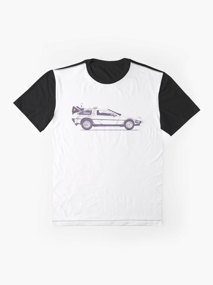 Vintage Delorean car graphic on a t-shirt with "Back to the Future" inspired design - Flat lay