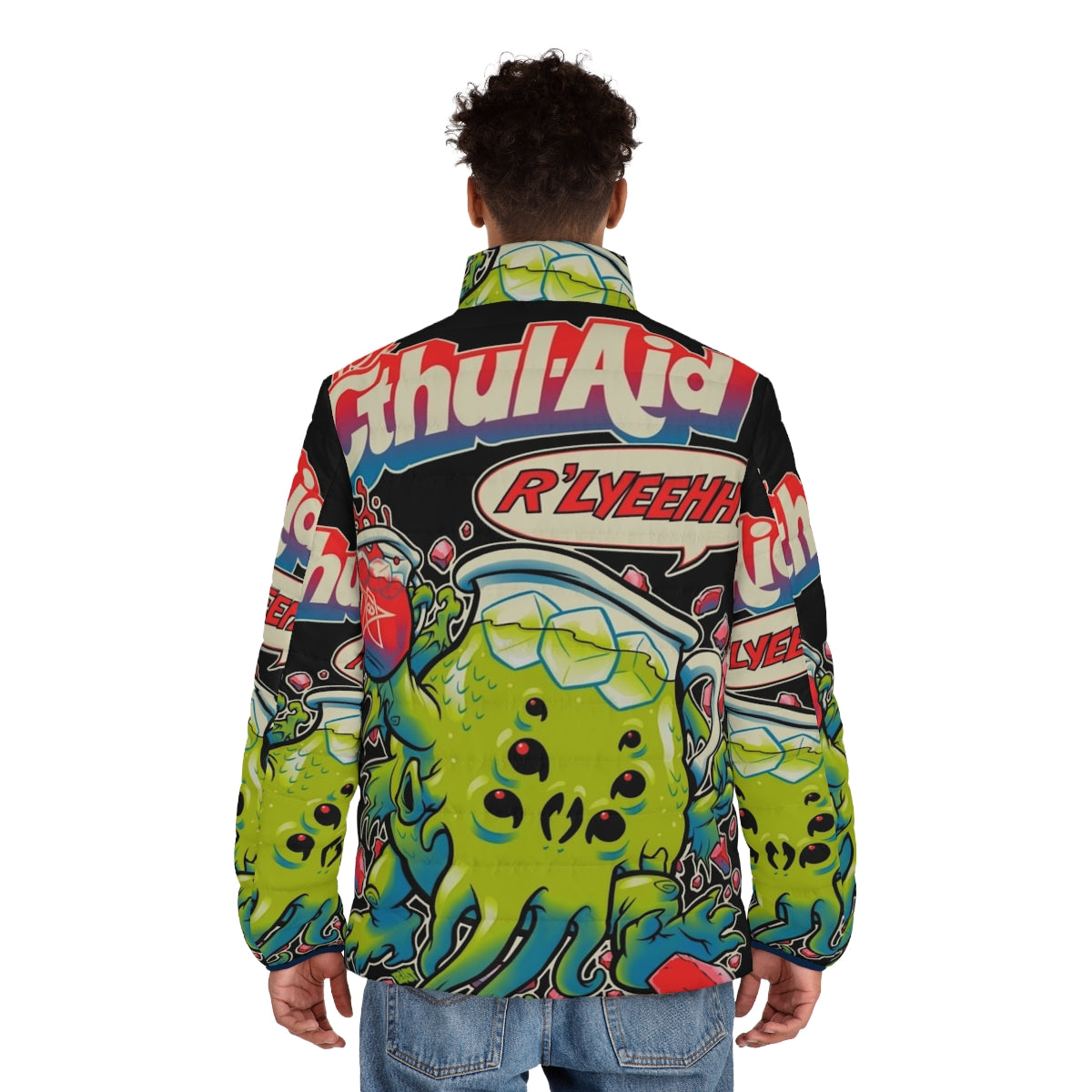 Cthulhu-inspired puffer jacket with elder god and Kool-Aid design - men back