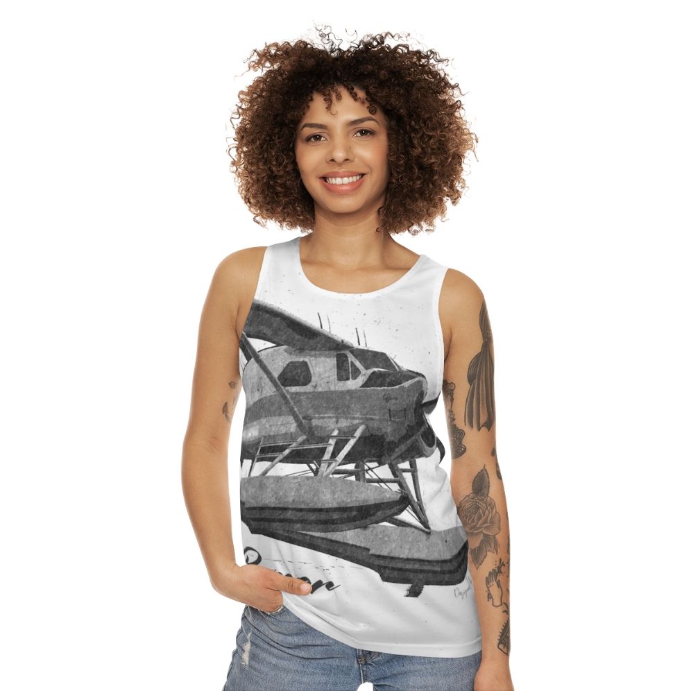 Dehavilland DHC-2 Beaver floatplane sketch on unisex tank top - women